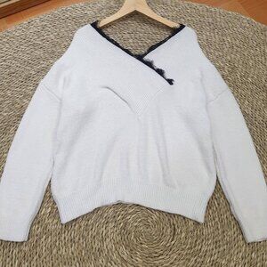 White V-Neck Sweater with Lace Trim